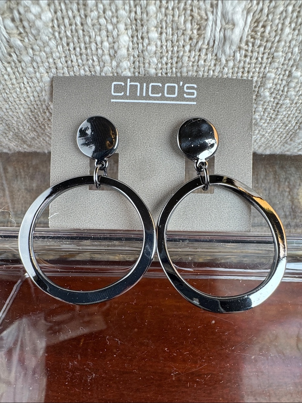 0529-Chico's Shiny Black Double Hoop Drop‎ Earrings